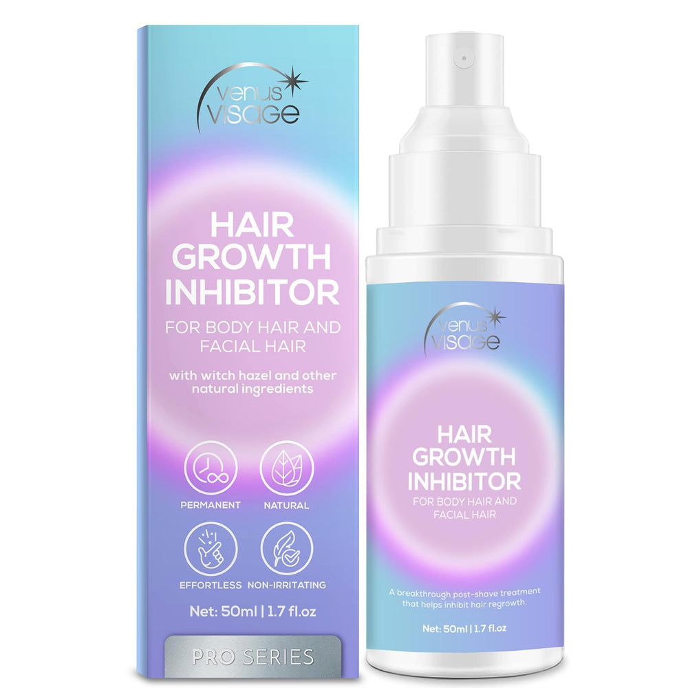 VENUS VISAGE Hair Inhibitor bottle front for smoother skin after waxing and shaving.