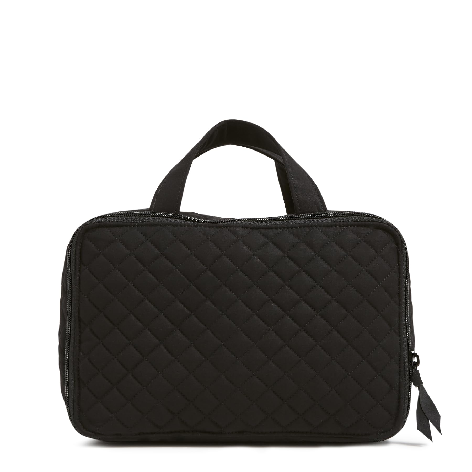 Vera Bradley black travel case back view featuring gusseted pockets and zip pocket.