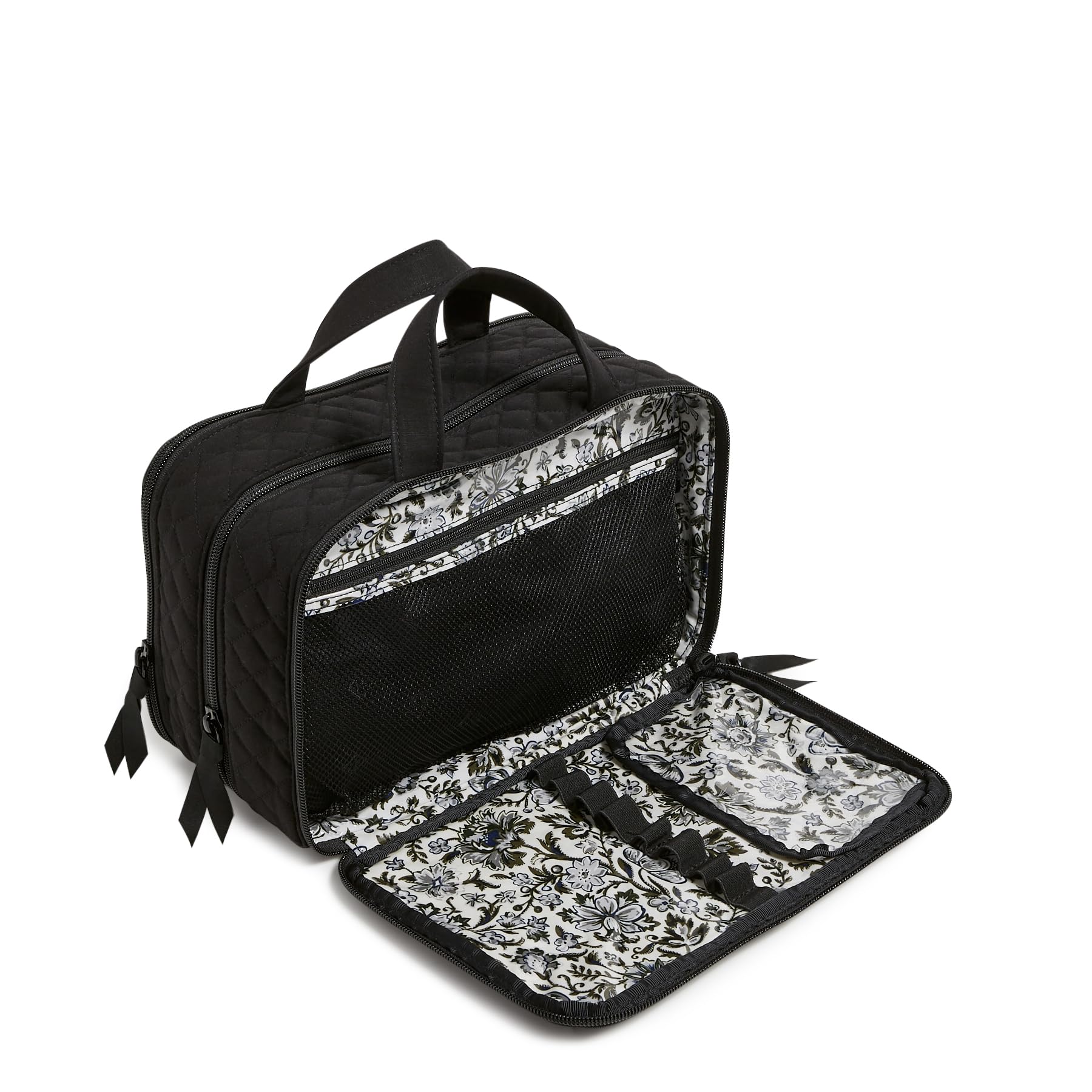 Vera Bradley black organizer with brush loops ideal for on-the-go routines.