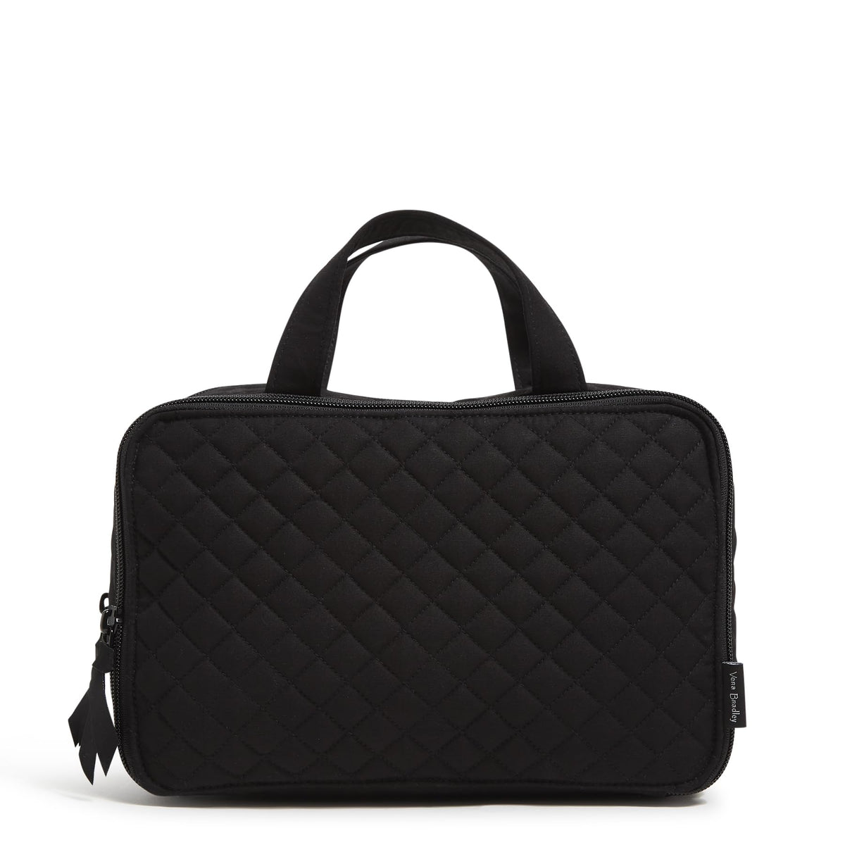 Vera Bradley travel makeup organizer case in black, front view shows organized compartments.