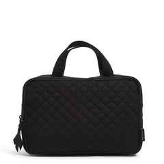 Vera Bradley travel makeup organizer case in black, front view shows organized compartments.