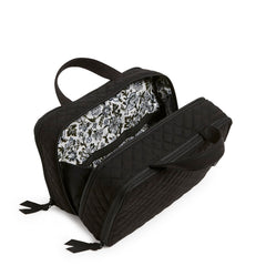 Vera Bradley organizer interior in black with wipeable compartments for cosmetics.