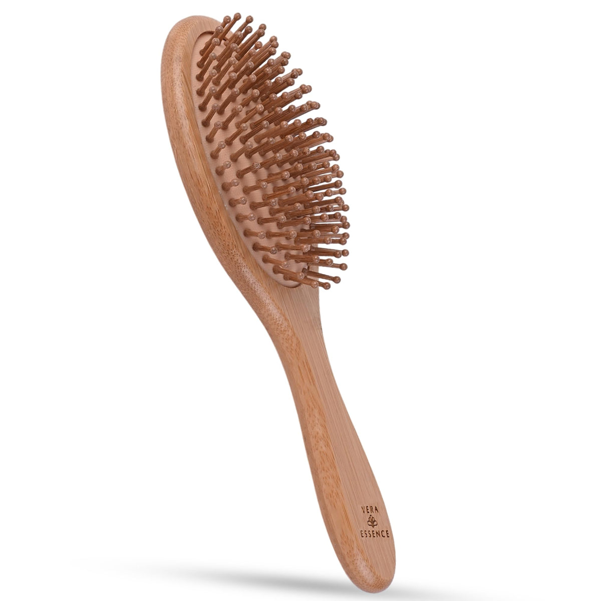 Vera Essence bamboo brush with ergonomic handle for comfortable detangling and reduced wrist strain.