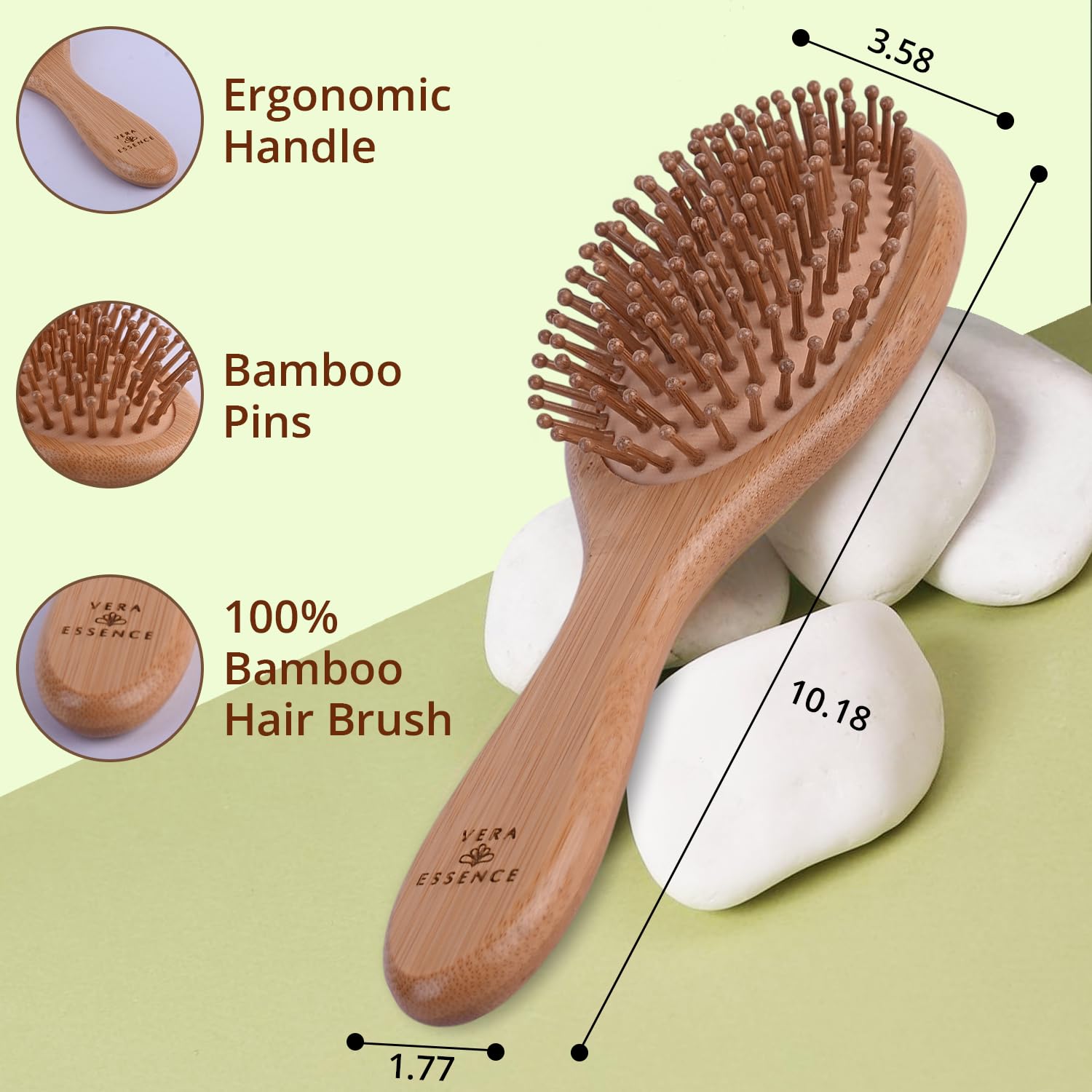 Vera Essence bamboo brush gentle detangling bristles minimize breakage and frizz.