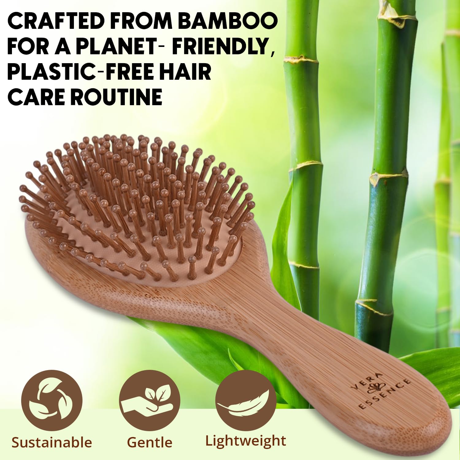 Vera Essence bamboo brush wide paddle smooths knots on all hair textures.