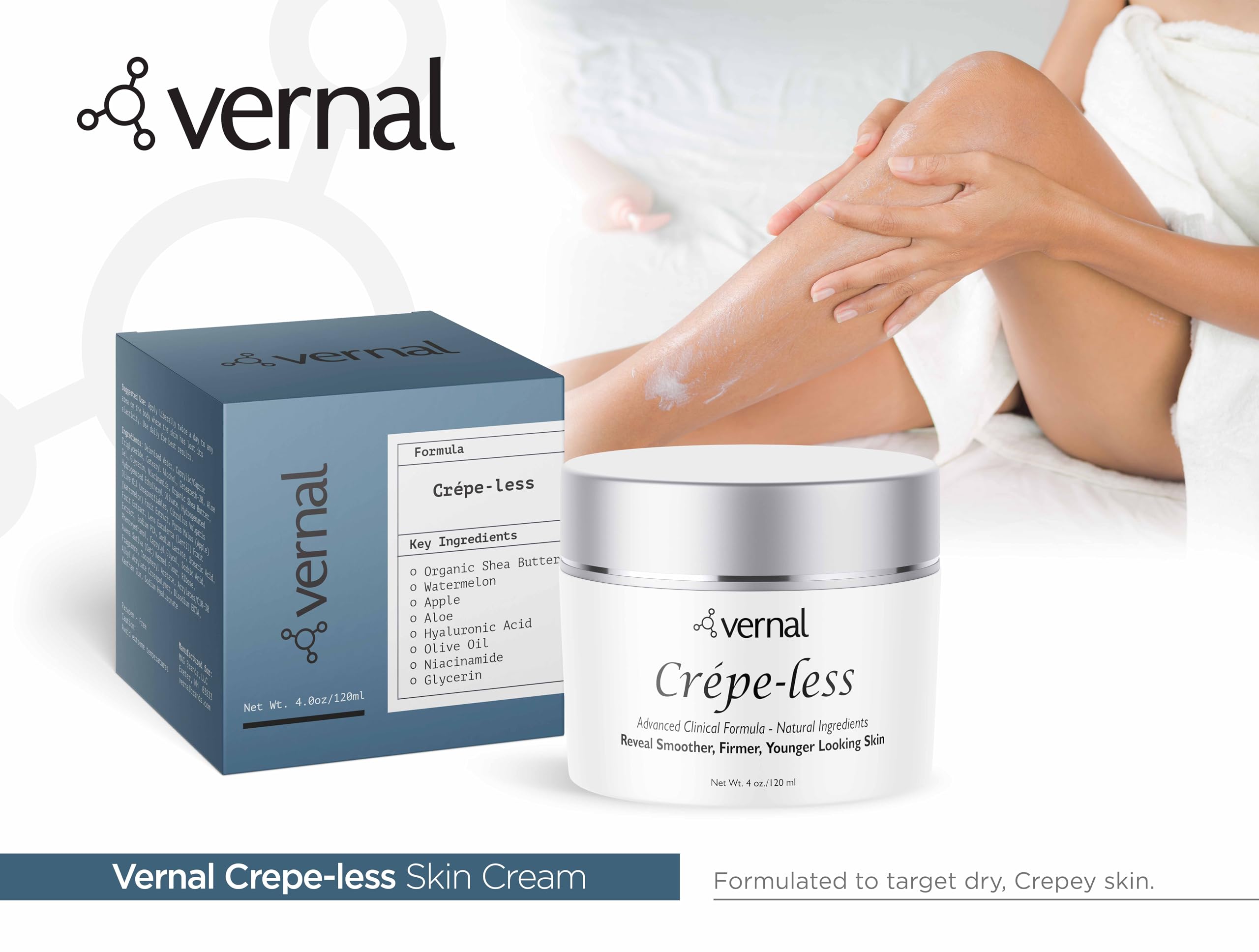 Lifestyle shot of Vernal Crepe-less Cream in a bathroom scene
