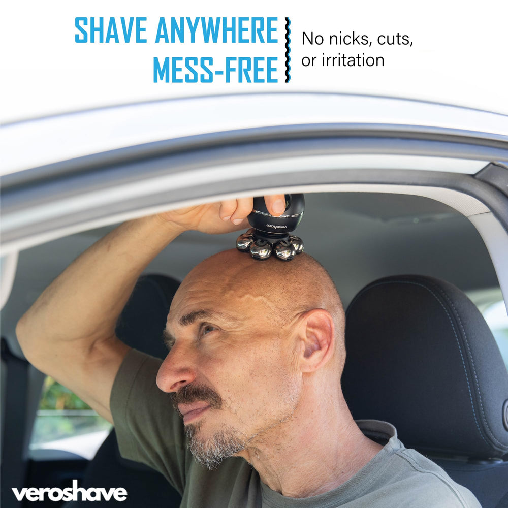 Veroshave head shaver in use photo conveys confident daily rituals with a polished look.