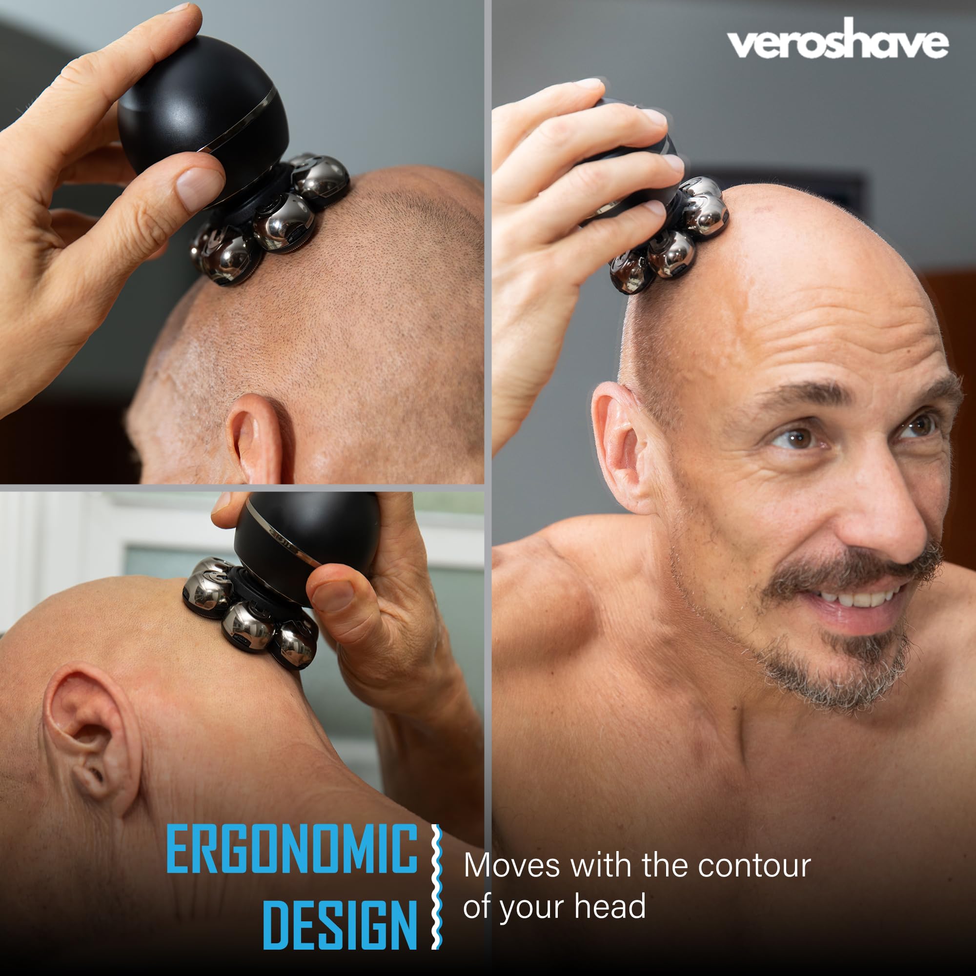 Veroshave precision coverage shot emphasizes thorough head shaving with seven blades.