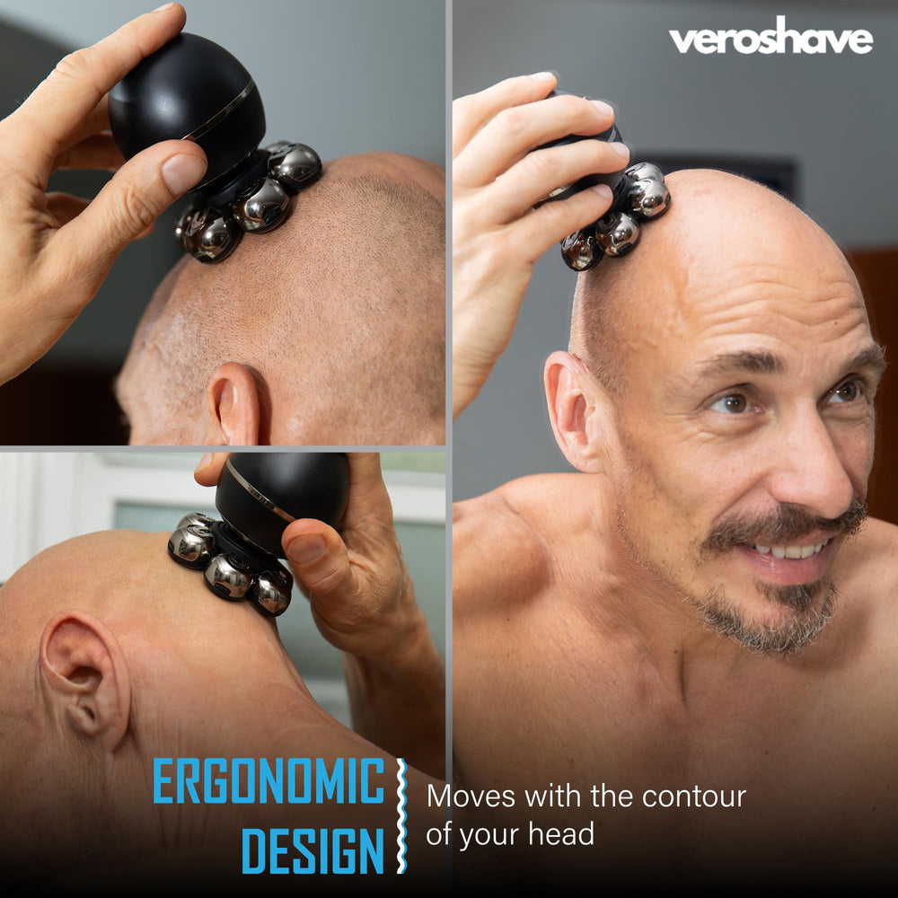 Veroshave precision coverage shot emphasizes thorough head shaving with seven blades.