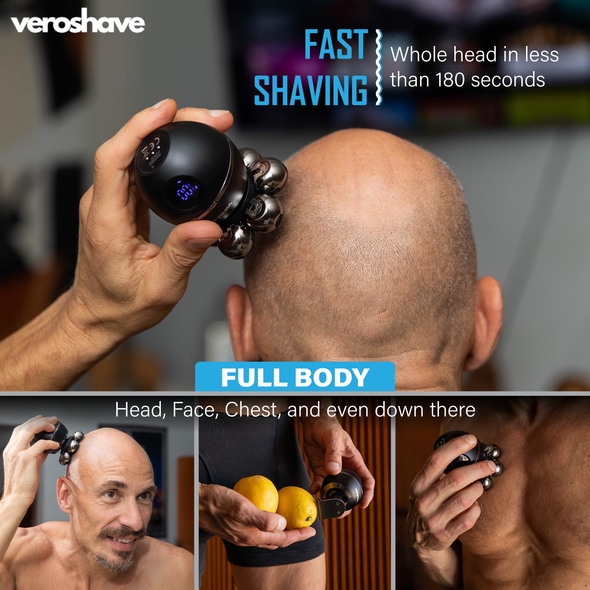 Veroshave USB rechargeable battery lifestyle shot underlines up to a month of use per charge.