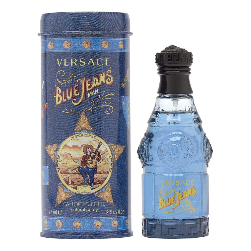 Versace Blue Jeans bottle pouring, a men’s fragrance for everyday confidence.