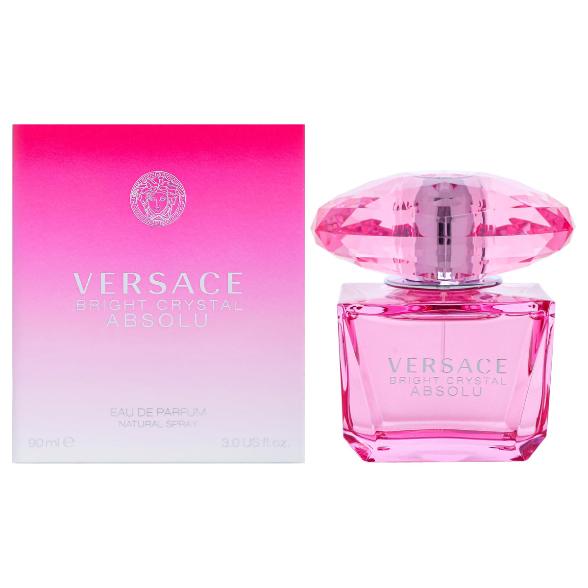 Versace Bright Crystal Absolu bottle front with pink hue, ideal for daily luxury.