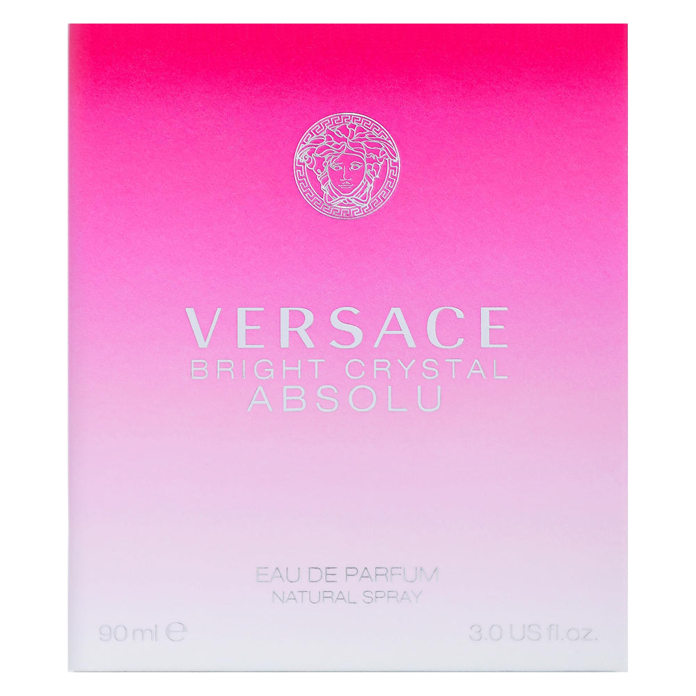 Versace Bright Crystal Absolu label close-up reinforcing luxury branding.