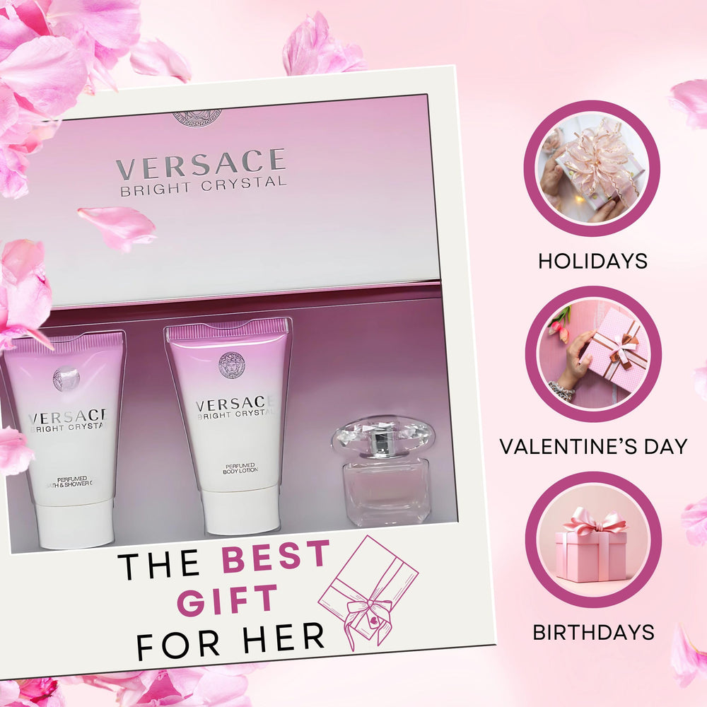 Versace Bright Crystal collection display with coordinated fragrances for gifting