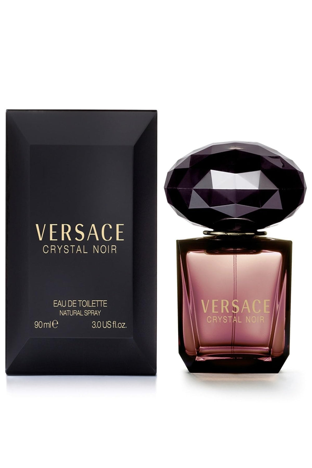 Versace Crystal Noir bottle side view highlights elegant silhouette for refined styling.