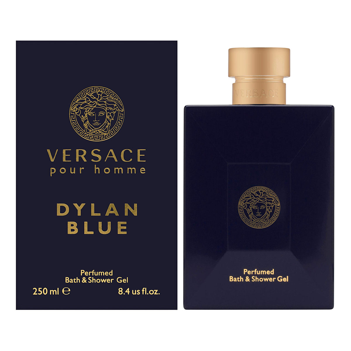 Versace Dylan Blue bath gel bottle pour highlights a woody aromatic scent for daily grooming.