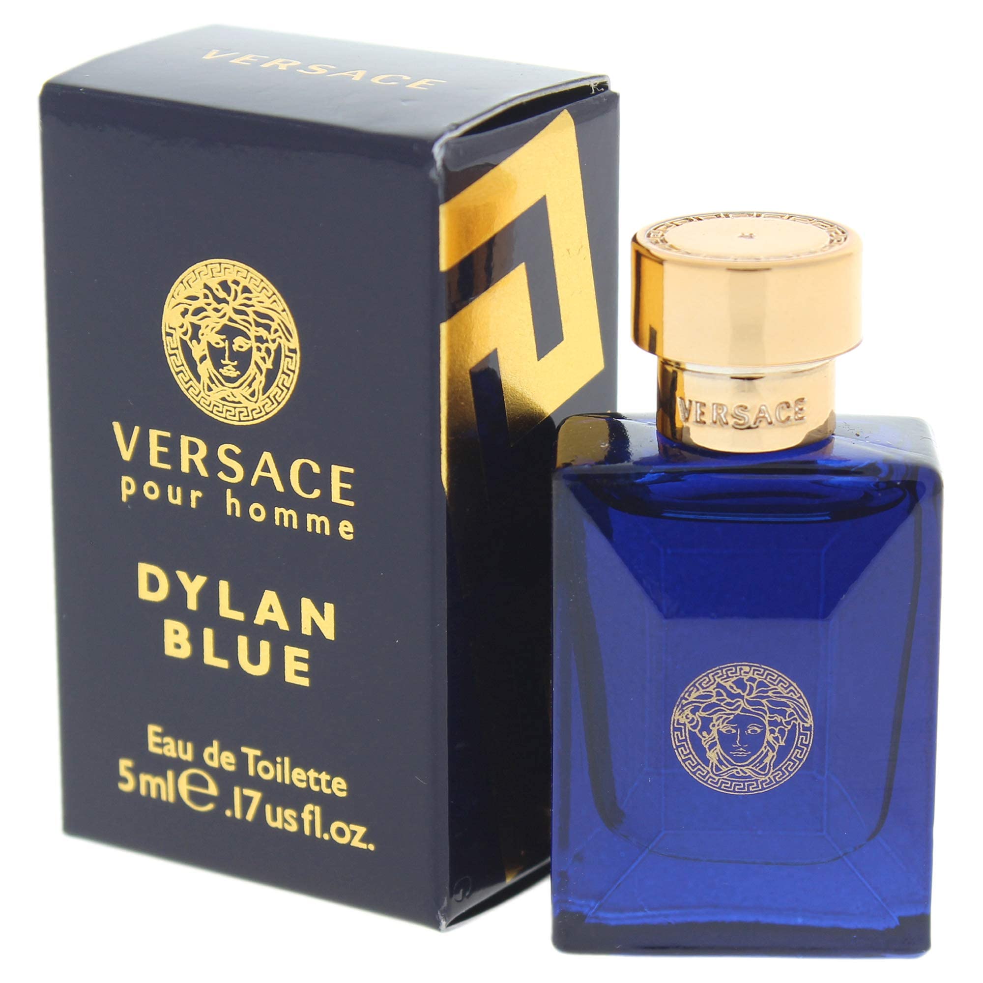 Versace Dylan Blue mini splash display showing gift-ready compact option.