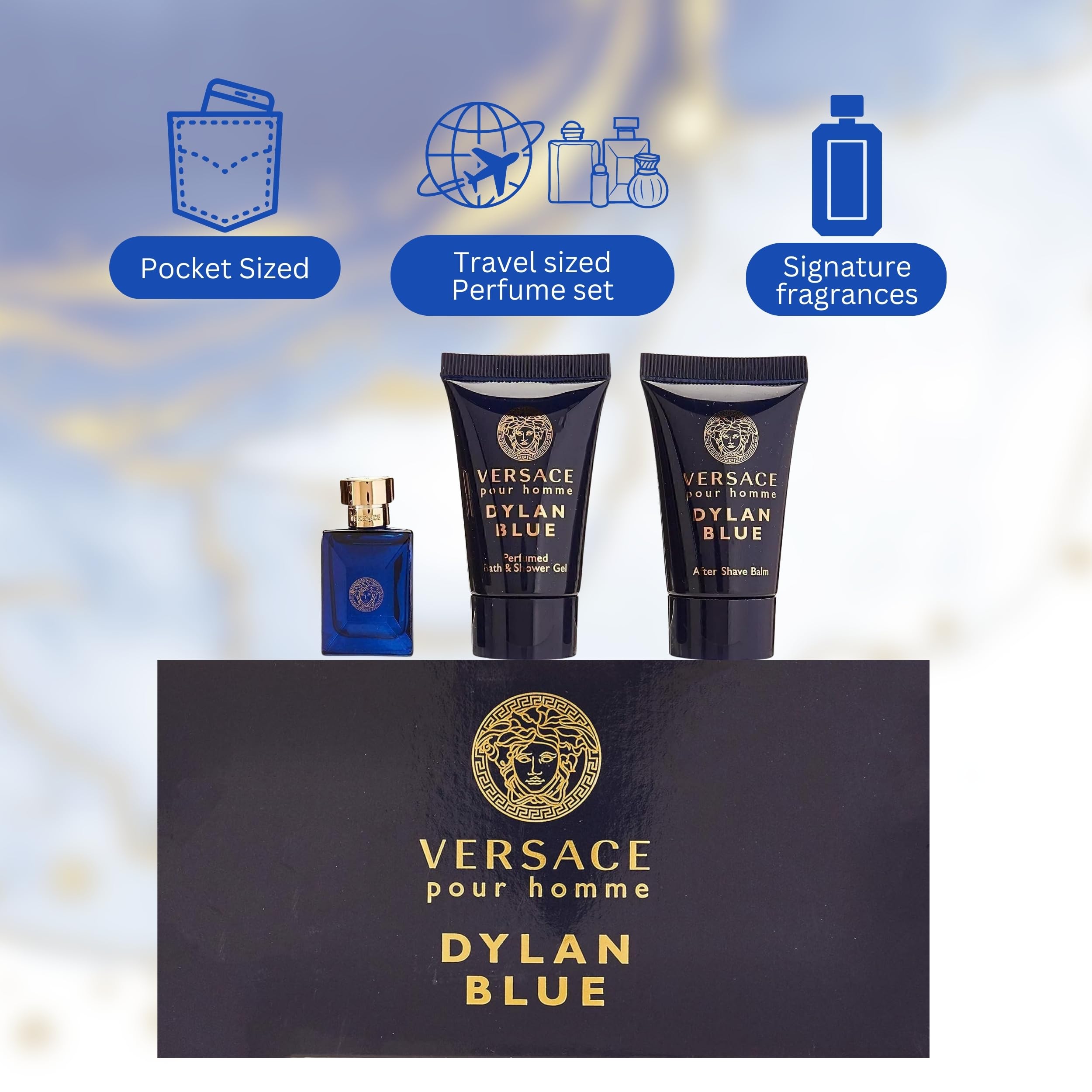 Versace Dylan Blue note map image highlighting bergamot, patchouli, saffron notes