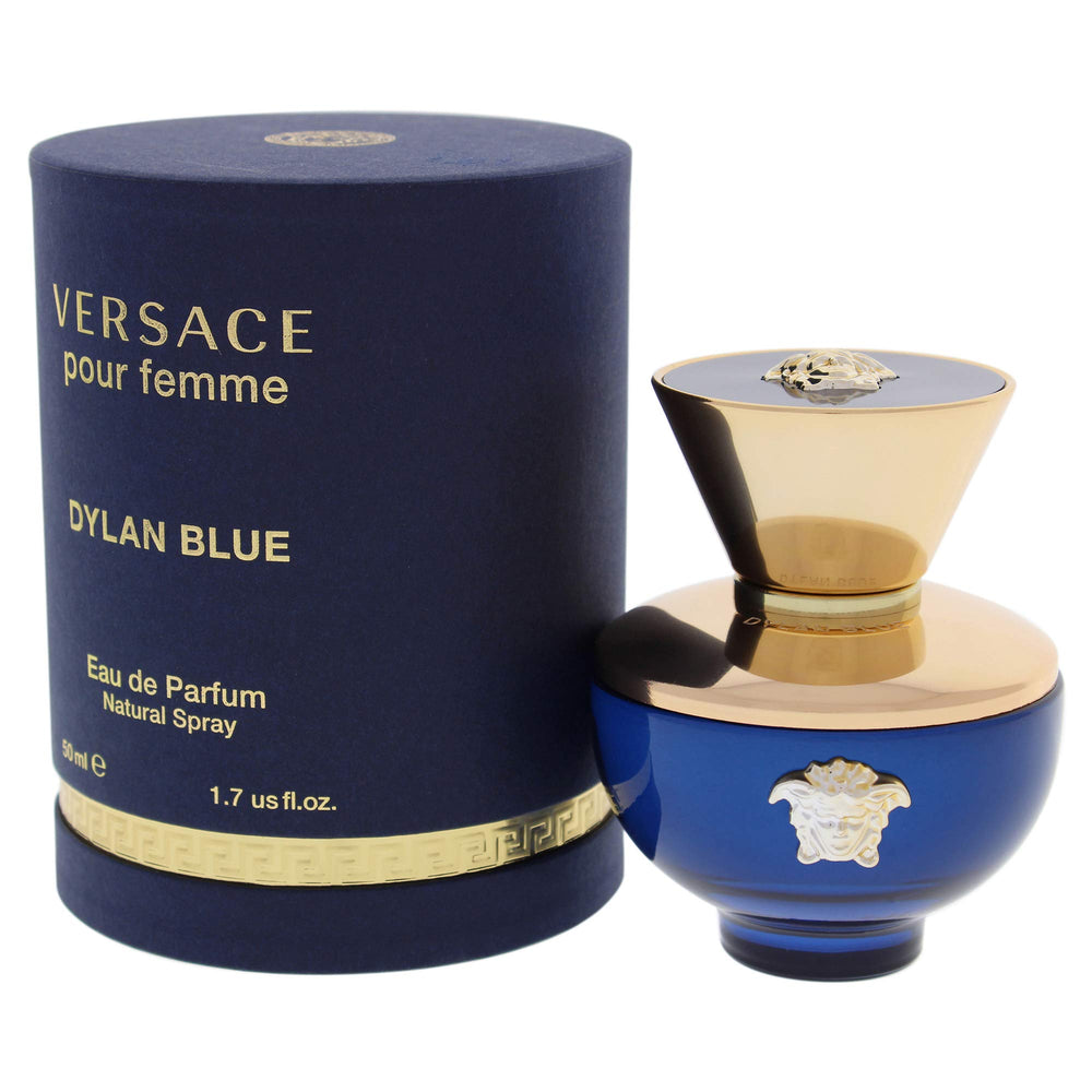 Versace Dylan Blue Pour Femme flacon close-up with label detail for authenticity