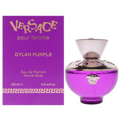 Versace Dylan Purple bottle front view highlights vibrant color for daytime elegance.
