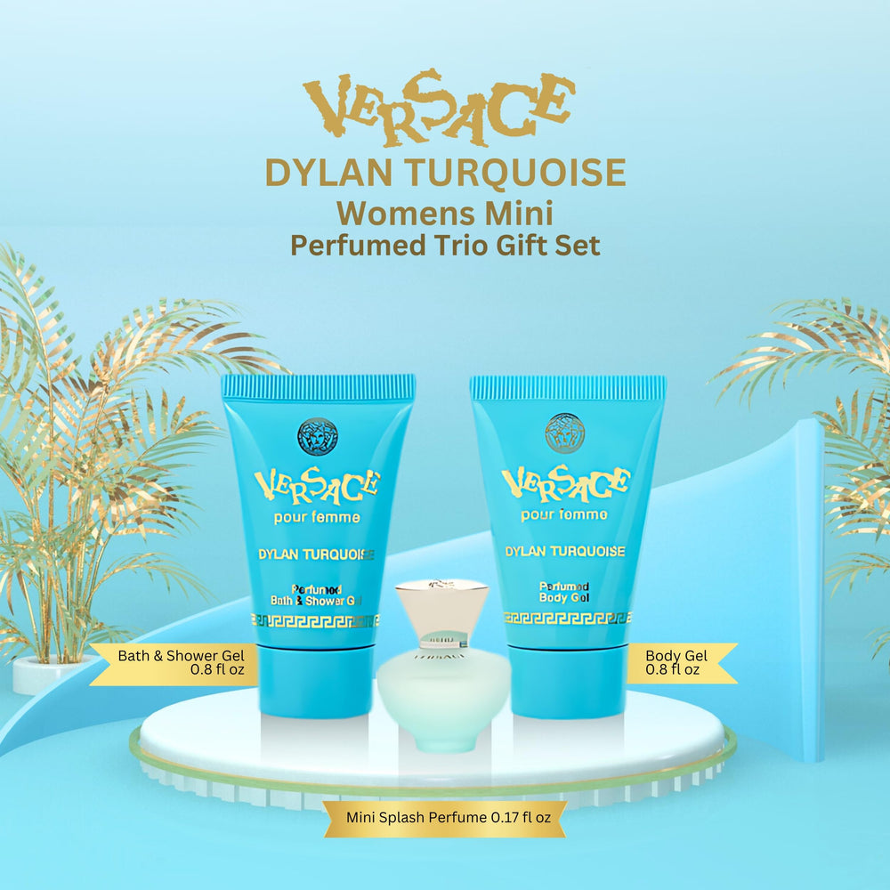 Versace Dylan Turquoise trio display suggests stylish gift-set option.