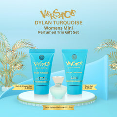 Versace Dylan Turquoise trio display suggests stylish gift-set option.