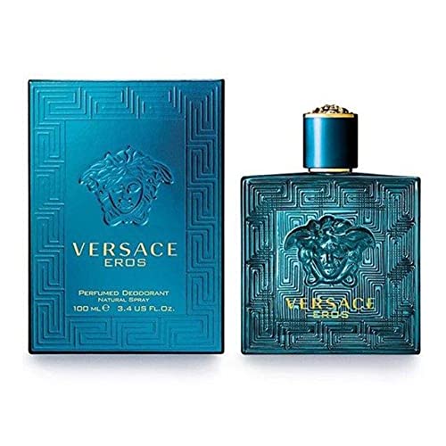 Versace Eros deodorant spray in use for long-lasting fragrance and suave appeal.