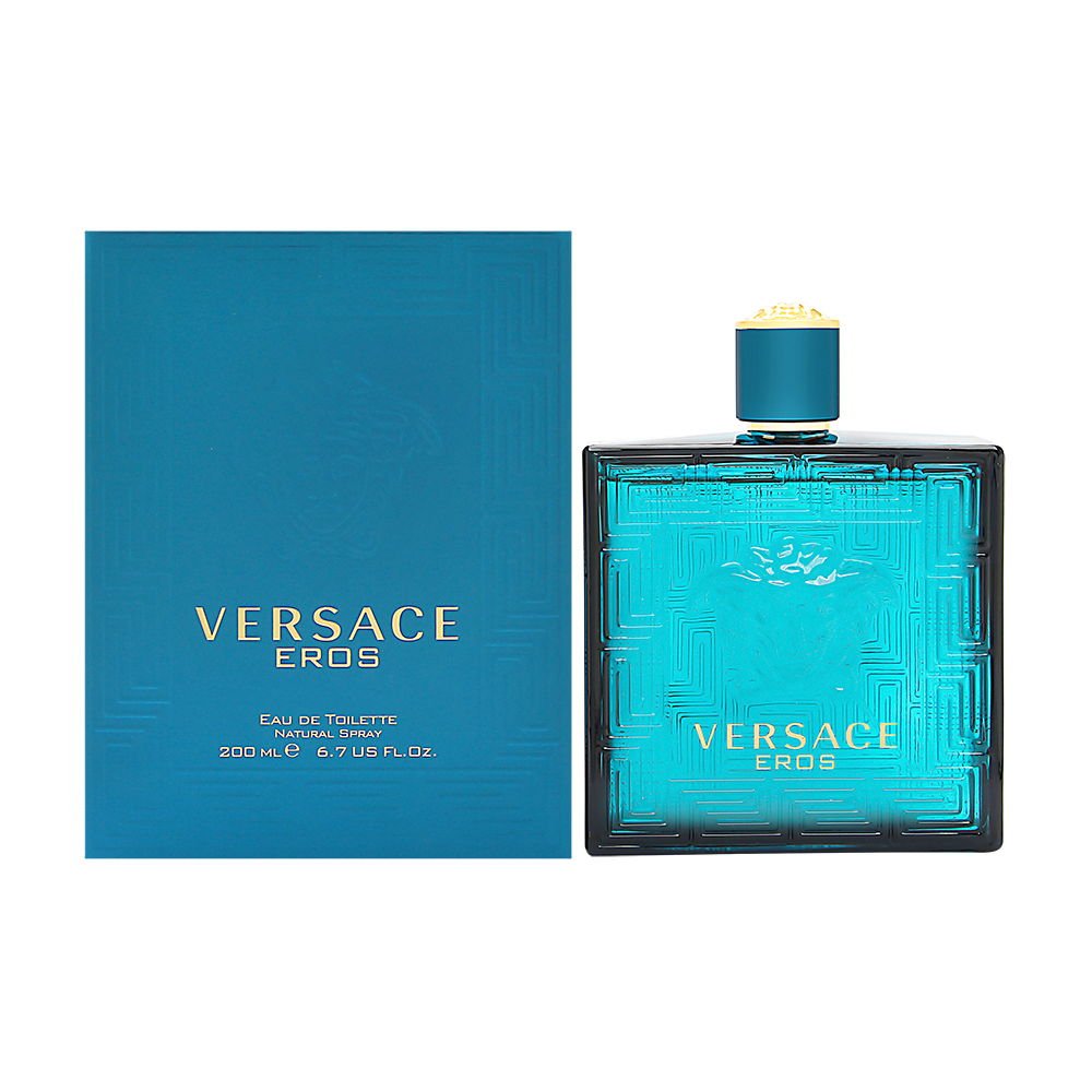 Versace Eros EDT bottle front view for bold evening fragrance.