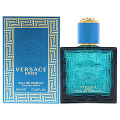 Versace Eros Men EDP bottle closeup highlights sleek design and lasting fragrance.
