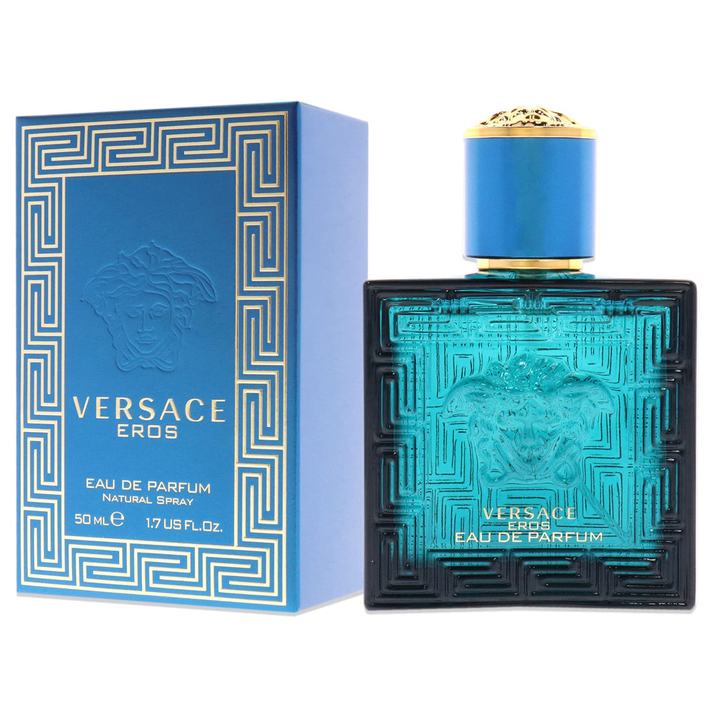 Versace Eros Men EDP packaging display emphasizes premium vegan-friendly fragrance choice.