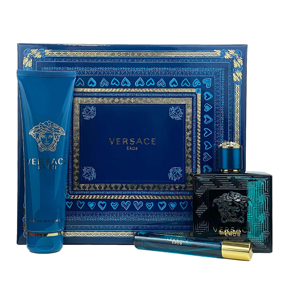 Versace Eros Men gift set packaging highlights premium gifting presentation.