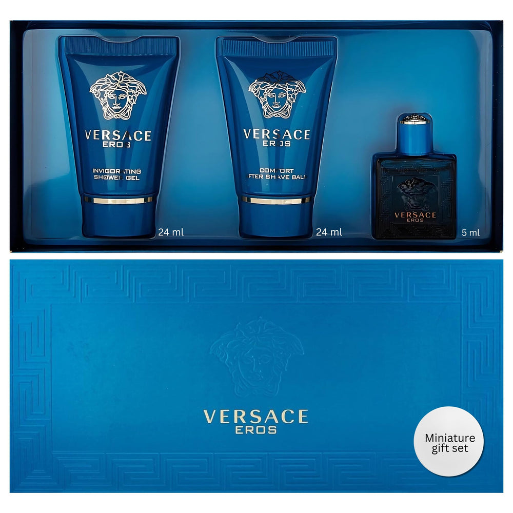 Versace Eros mini gift-set bottle close-up—bold fragrance for him.
