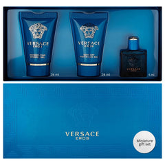 Versace Eros mini gift-set bottle close-up—bold fragrance for him.