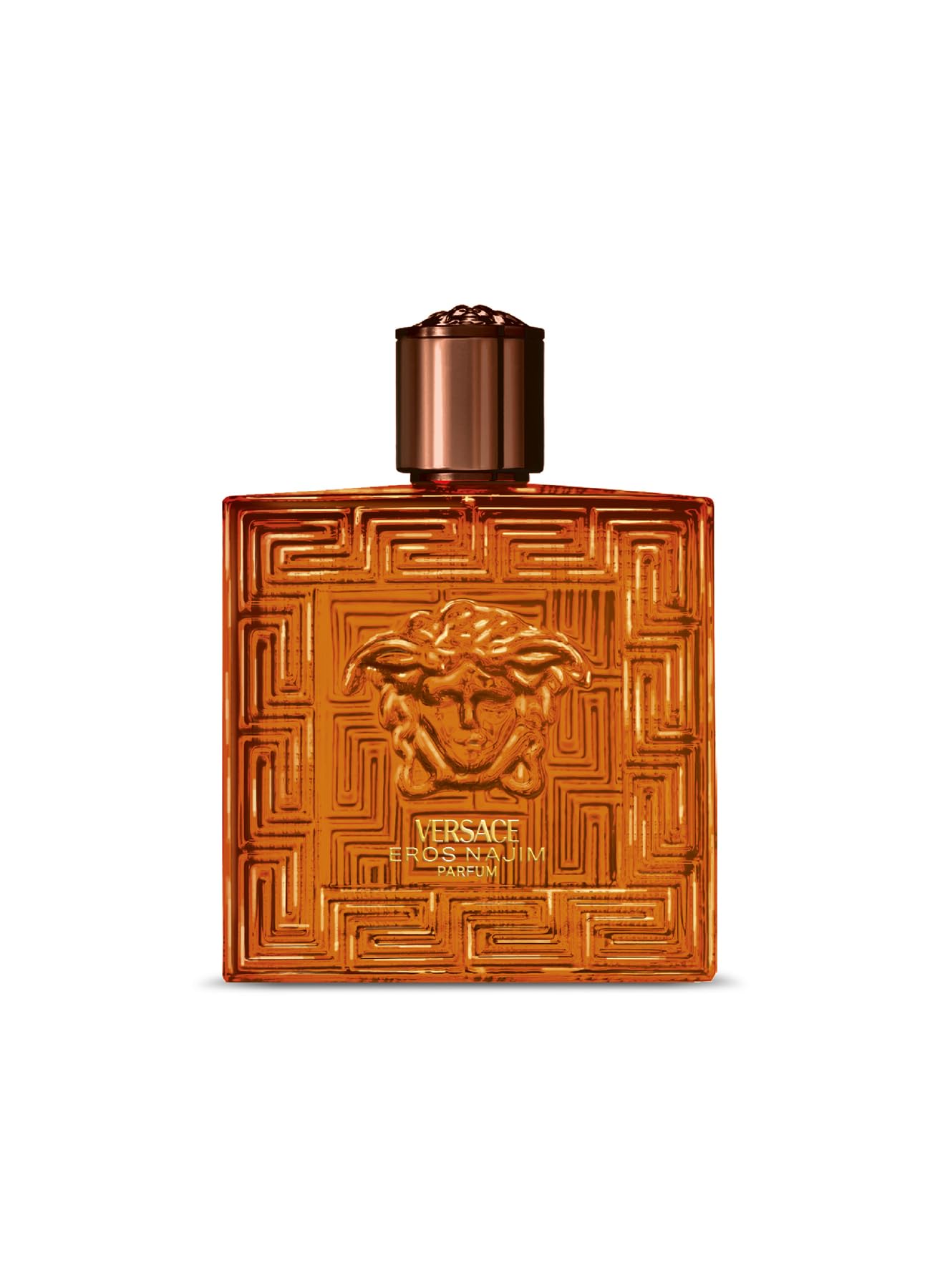 Versace Eros Najim bottle front view in golden amber glass for a luxe evening fragrance.