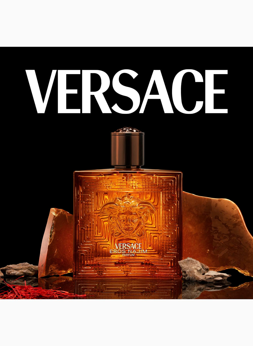Versace Eros Najim engraved Greca motif close-up highlights premium packaging and collector appeal.