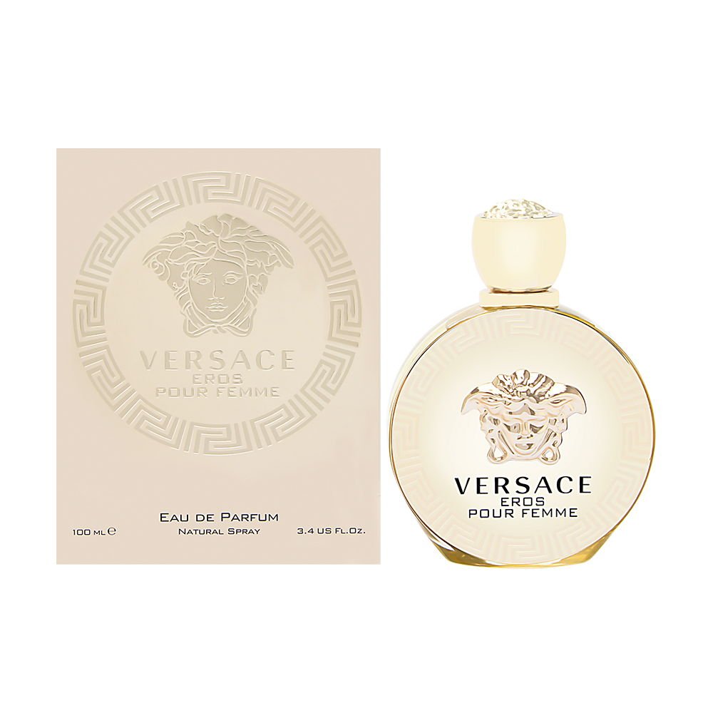 Versace Eros Pour Femme bottle featuring gold Medusa emblem for confident evening elegance