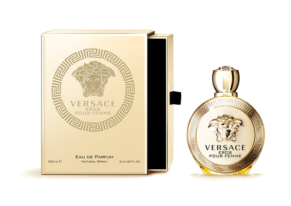 Versace Eros Pour Femme bottle closeup highlighting vibrant citrus-floral allure for daily wear