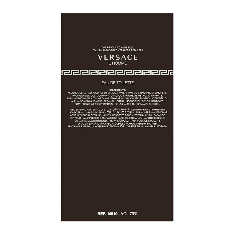 Versace L'Homme EDT packaging display showcases refined presentation ideal for gifting or personal indulgence.
