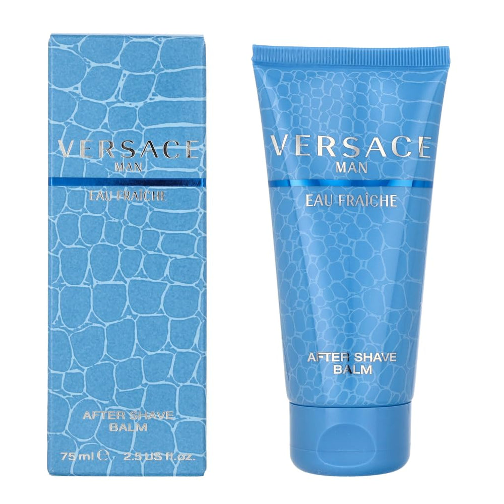 Versace Man Eau Fraiche After Shave Balm bottle being poured for a refreshing post-shave ritual