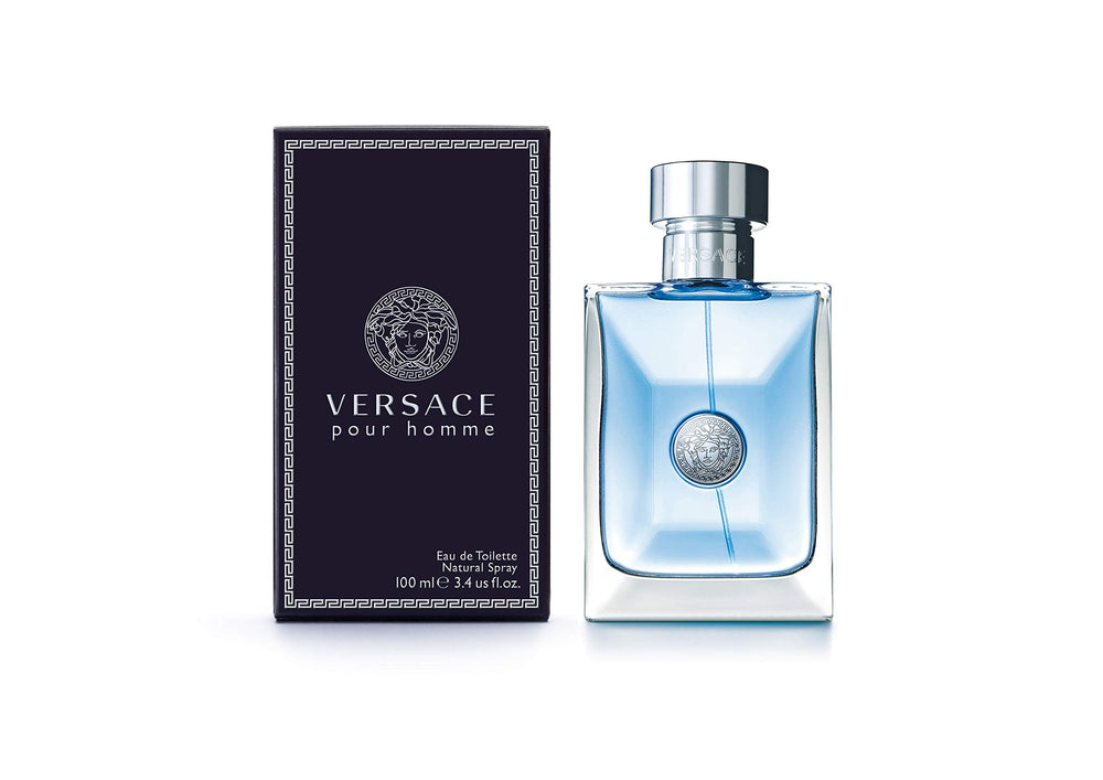 Versace Pour Homme bottle closeup label showing citrus and herb notes for sophisticated appeal.