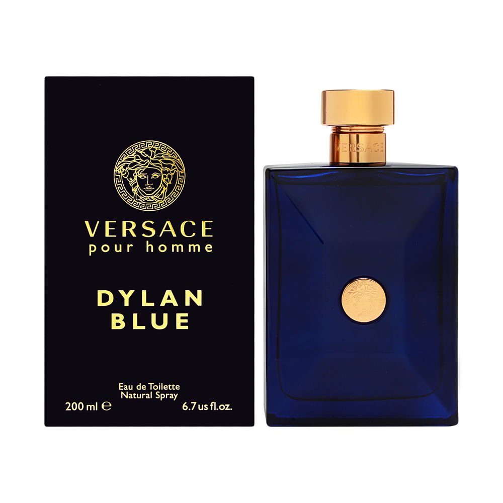 Versace Pour Homme Dylan Blue bottle front shows bold, masculine styling for everyday confidence.
