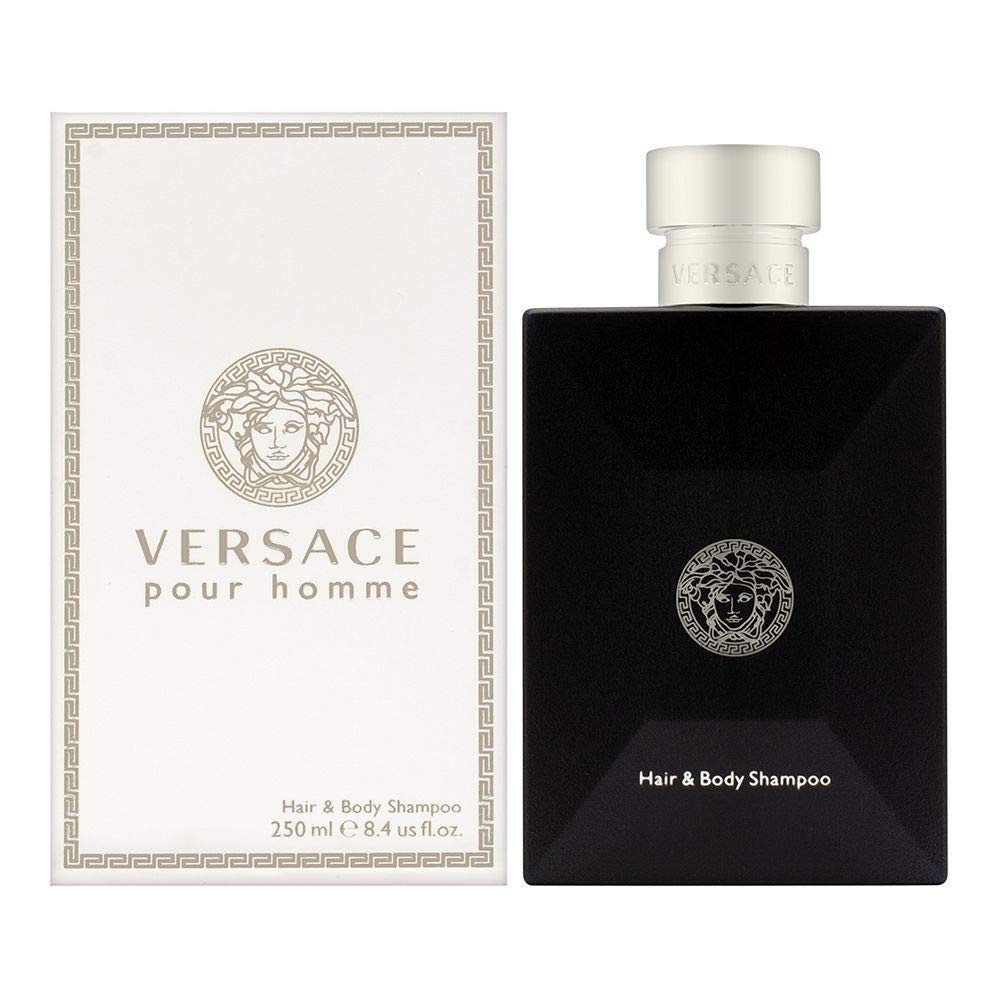 Versace Pour Homme hair and body shampoo bottle for daily cleansing with a signature masculine fragrance
