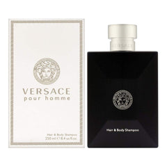 Versace Pour Homme hair and body shampoo bottle for daily cleansing with a signature masculine fragrance