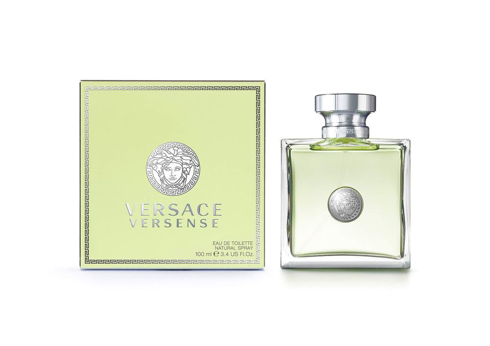 Versace Versense bottle on clear glass hints at effortless daily wear.