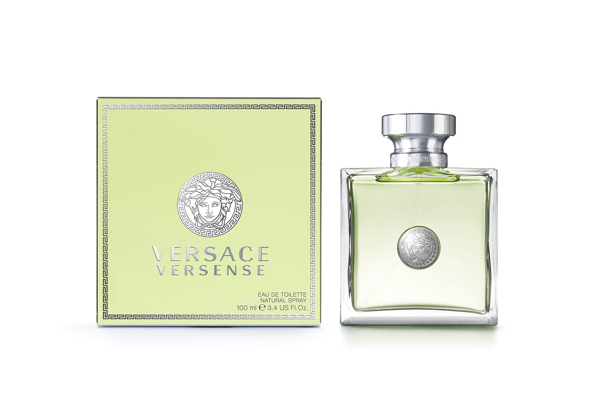 Versace Versense bottle on clear glass hints at effortless daily wear.