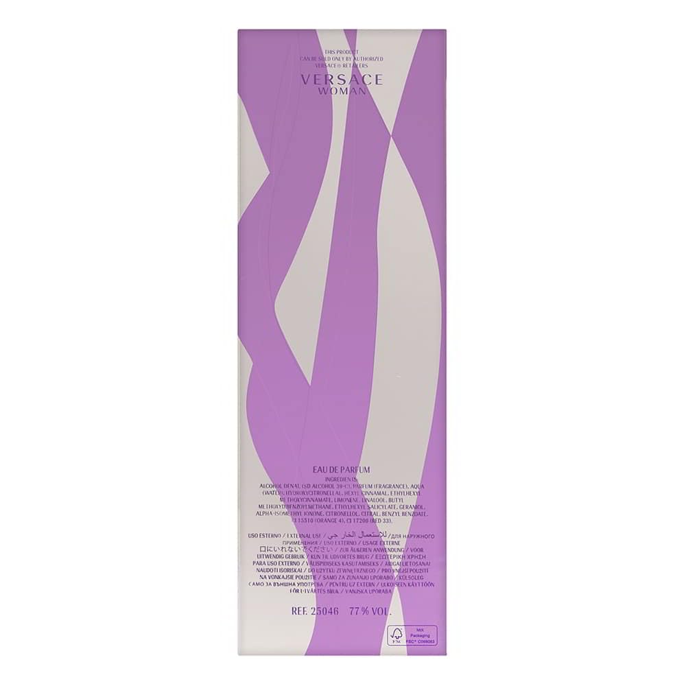 Versace Woman EDP bottle side highlights premium scent for all day confidence.