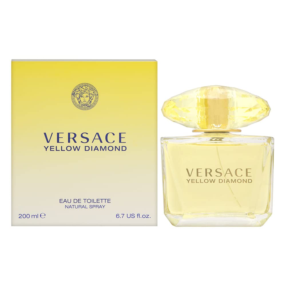 Versace Yellow Diamond bottle front view highlights a radiant floral-woody scent for daily wear.