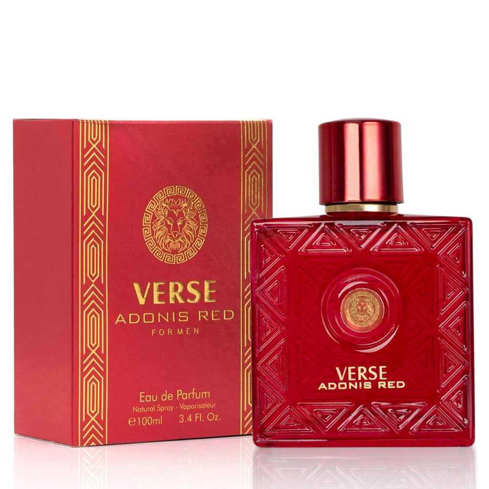 NovoGlow Verse Adonis Red bottle front view, bold masculine fragrance preview.