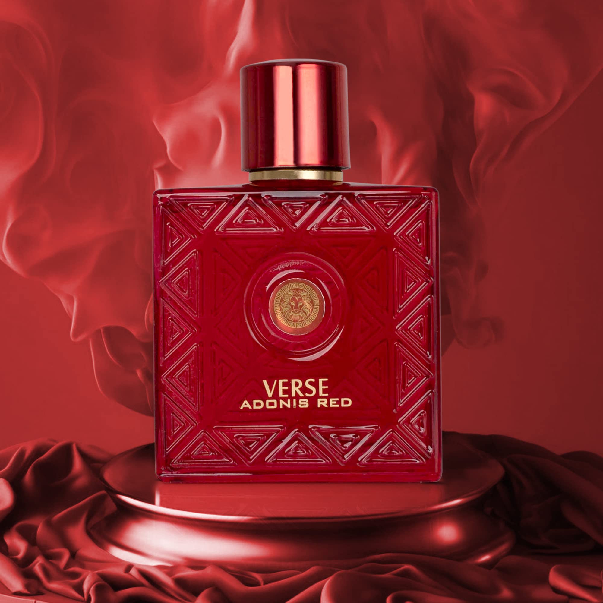 NovoGlow Verse Adonis Red bottle with woody base mood lighting, evening allure.