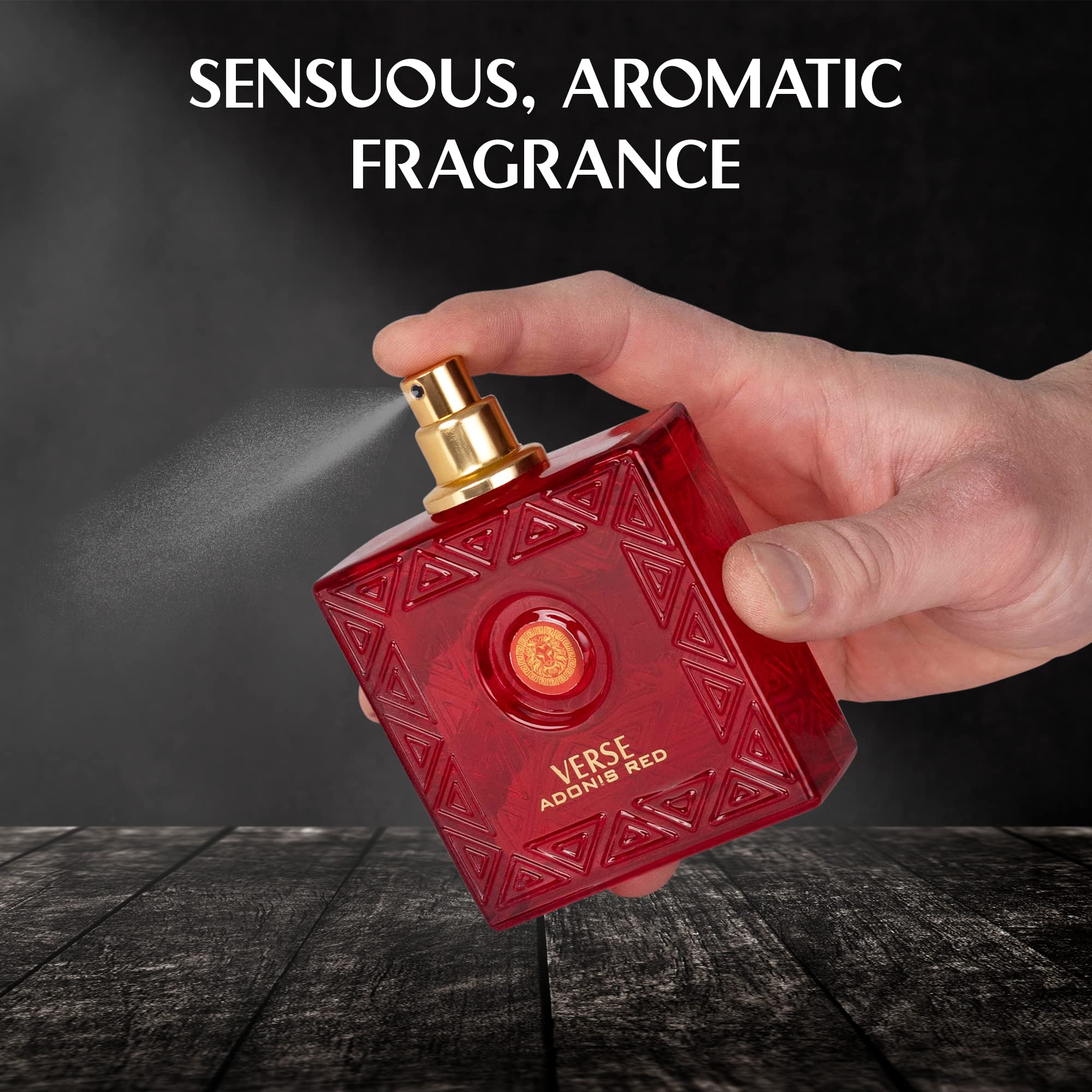 NovoGlow Verse Adonis Red display with 100ml bottle, long-lasting masculine scent.